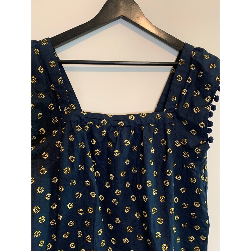 J.Crew Women Cotton Navy Blue Daisy Floral Pom Pom Trim Square Neck Top 4 - Picture 2 of 9